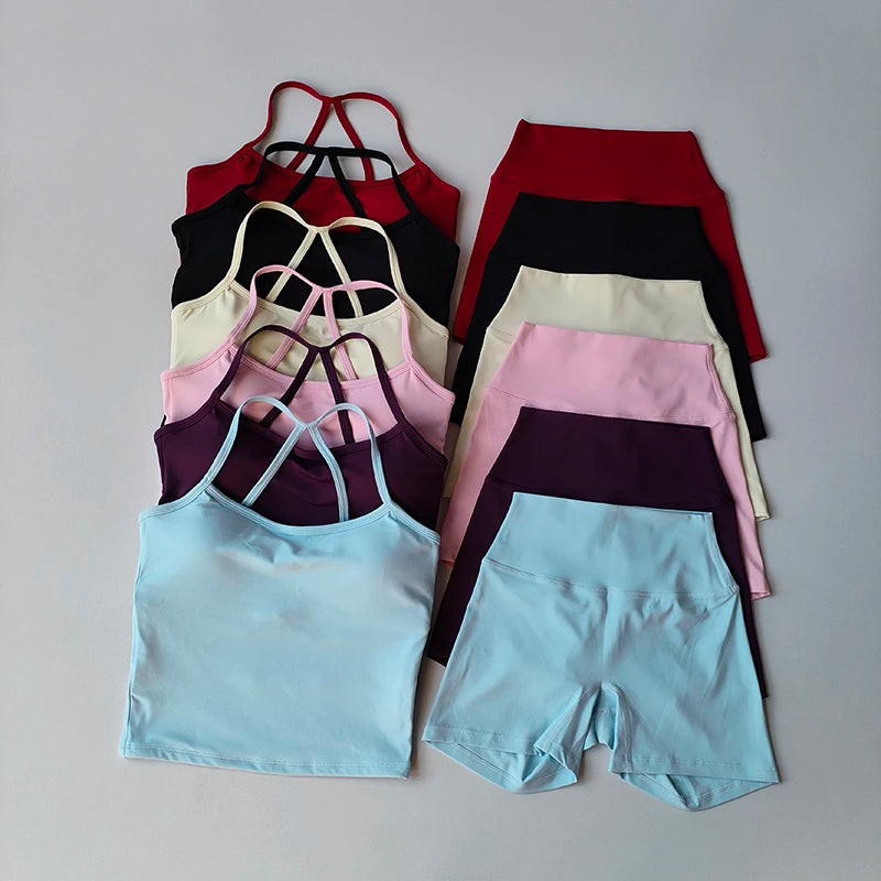 2 Piece Yoga Gym Set Halter Top Set Yoga High Waist Shorts Backless Tights Bra Vest Seamless Stretch Ribbed Shorts Set - The Clothing Company Sydney