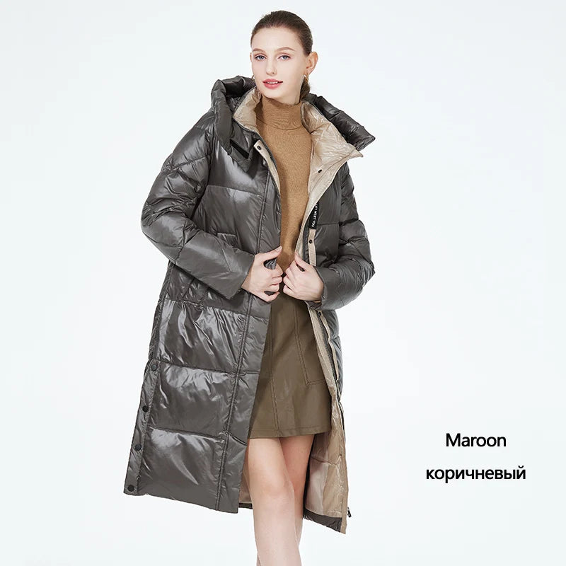 Women’s long hooded winter parka by The Clothing Company Sydney, thick quilted puffer jacket with side pockets.