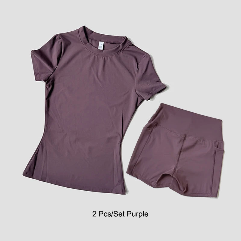 2 Piece Women's Sports Yoga Set Seamless Knitted Fitness Gym Clothes Sportswear Short Sleeve Crop Top Tracksuits Gym Bike Shorts - The Clothing Company Sydney