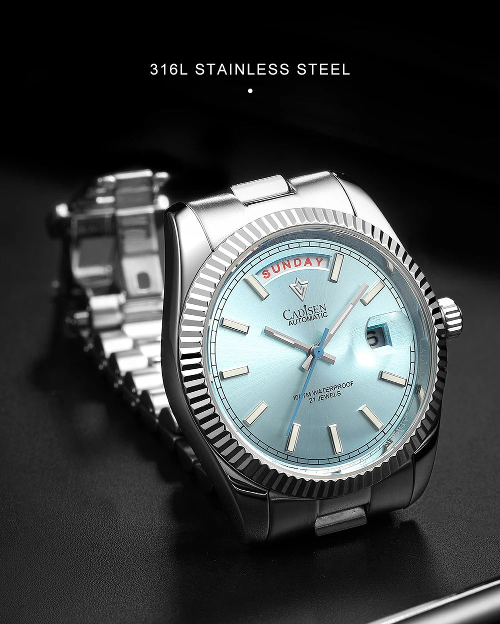 Cadisen DD40 men's luxury automatic wristwatch with AR sapphire glass, Miyota 8285 movement, and 10 ATM water resistance.