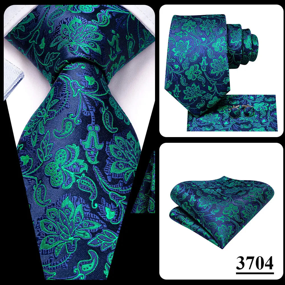 Green paisley silk tie set for men with matching pocket square and cufflinks, stylish accessories for formal occasions.