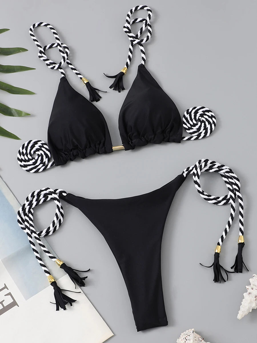 Two-piece triangle string bikini swimsuit by The Clothing Company Sydney, featuring solid color, thong style, perfect for summer beachwear.