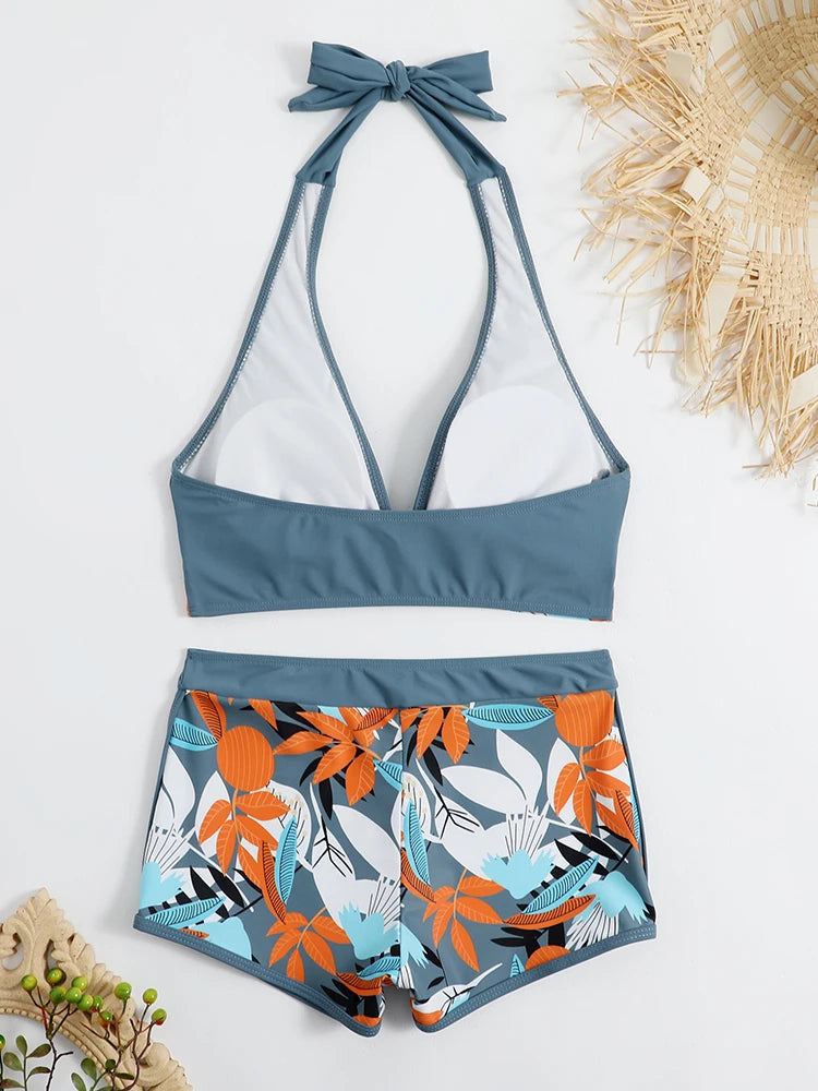 2 Piece Halter Bikini Set Shorts Swimsuit High Waist Swimwear Female Printed Bathers Swimming Bathing Swim Suit Beachwear - The Clothing Company Sydney