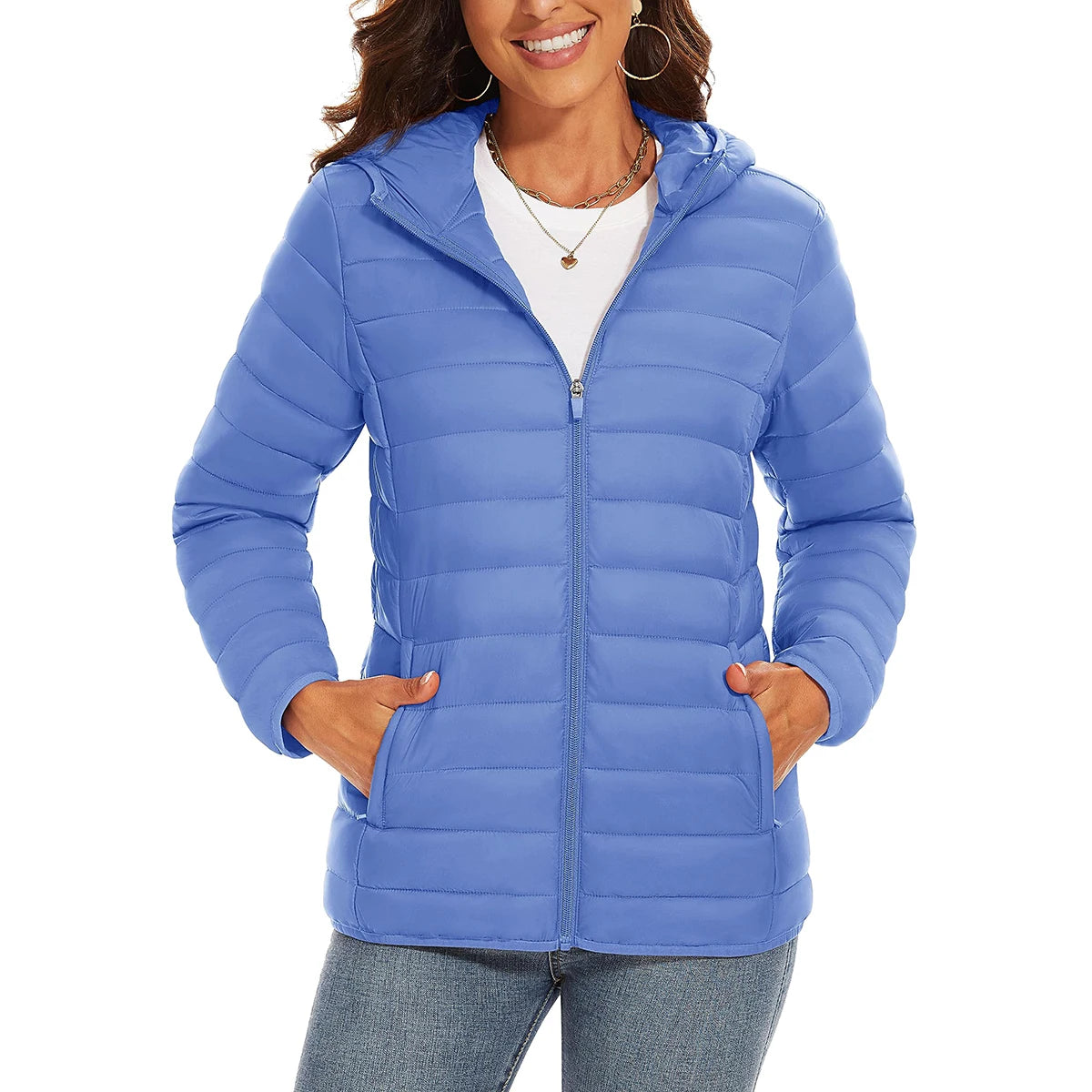 Women's warm puffer hooded quilted jacket by The Clothing Company Sydney, featuring full zip, multiple pockets, and waterproof winter insulation.
