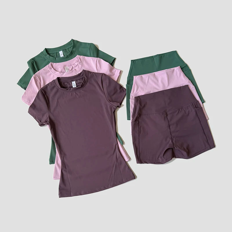 2 Piece Women's Sports Yoga Set Seamless Knitted Fitness Gym Clothes Sportswear Short Sleeve Crop Top Tracksuits Gym Bike Shorts - The Clothing Company Sydney