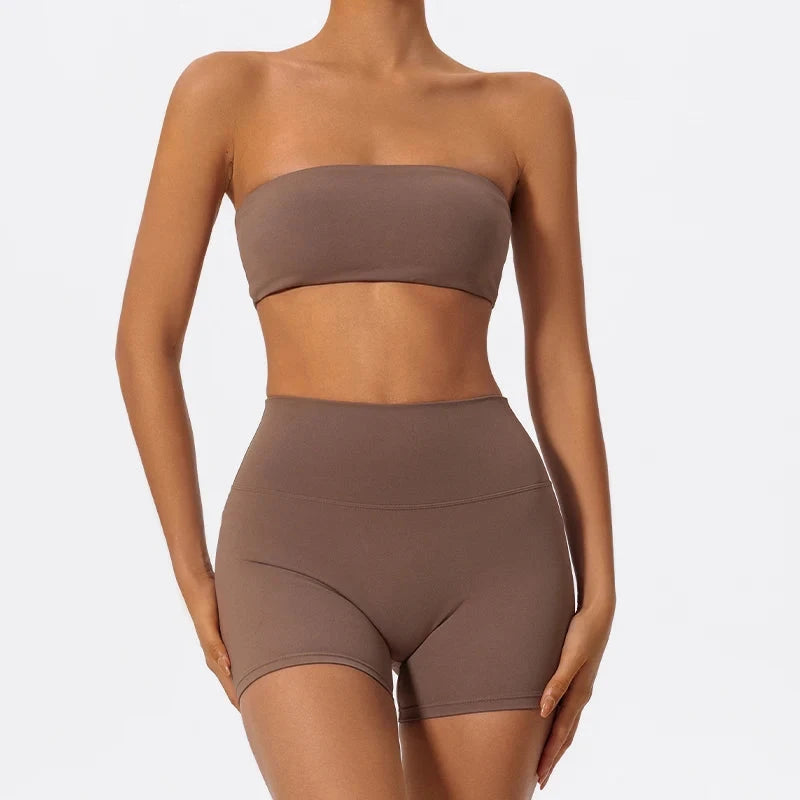 Two-piece women's fitness sports set with strapless bra and yoga crop top from The Clothing Company Sydney, ideal for workout sessions.