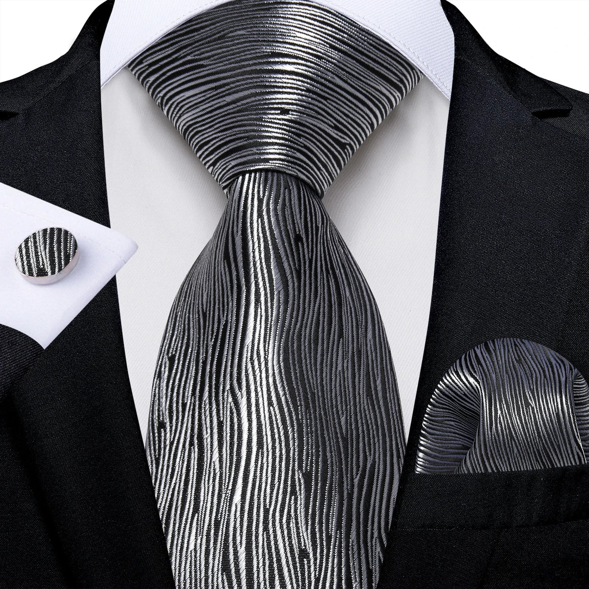 Men's gray paisley silk tie set with matching pocket square and cufflinks, perfect for wedding attire by The Clothing Company Sydney