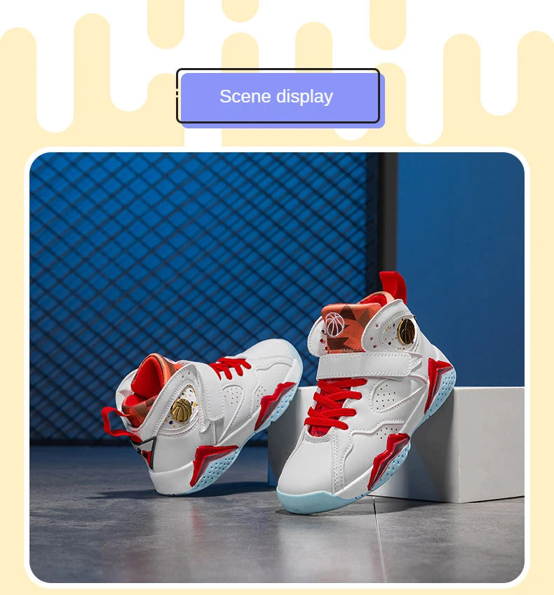 Kids' boys' basketball shoes by The Clothing Company Sydney, non-slip outdoor sports sneakers with supportive design.
