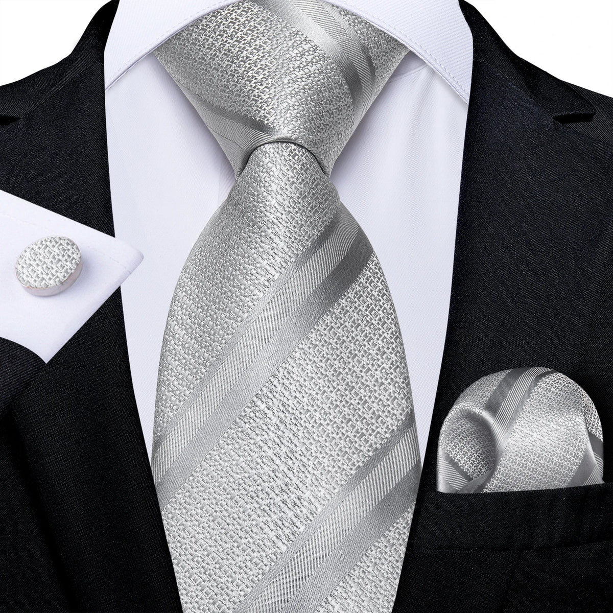Men's gray paisley silk tie set with wedding tie, pocket square, and cufflinks by The Clothing Company Sydney