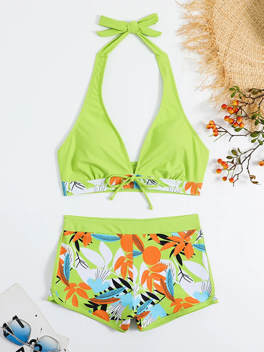 2 Piece Halter Bikini Set Shorts Swimsuit High Waist Swimwear Female Printed Bathers Swimming Bathing Swim Suit Beachwear - The Clothing Company Sydney