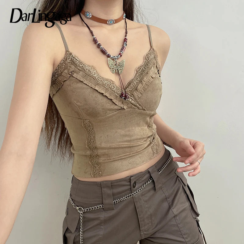 V Neck Strap Lace Trim Frill Suede Vintage Y2K Top Camisole Fashion Ruffles Party Summer Crop Top - The Clothing Company Sydney