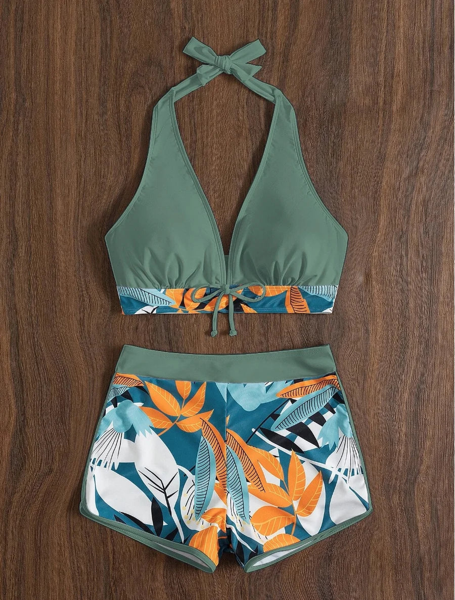 2 Piece Halter Bikini Set Shorts Swimsuit High Waist Swimwear Female Printed Bathers Swimming Bathing Swim Suit Beachwear - The Clothing Company Sydney