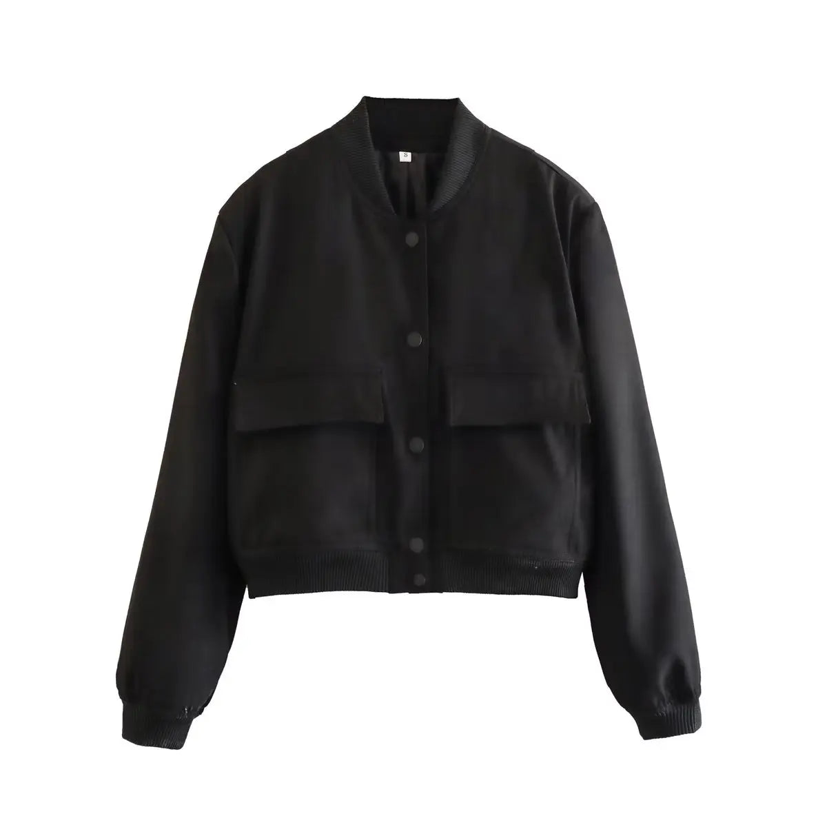 Women's bomber jacket from The Clothing Company Sydney, stylish black jacket with ribbed cuffs and zip closure.