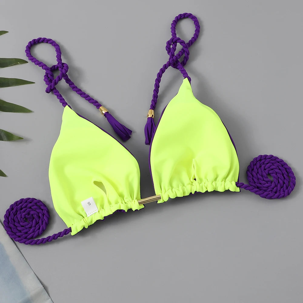 Solid triangle string bikini swimwear set from The Clothing Company Sydney, featuring a two-piece thong swimsuit for summer beachwear.