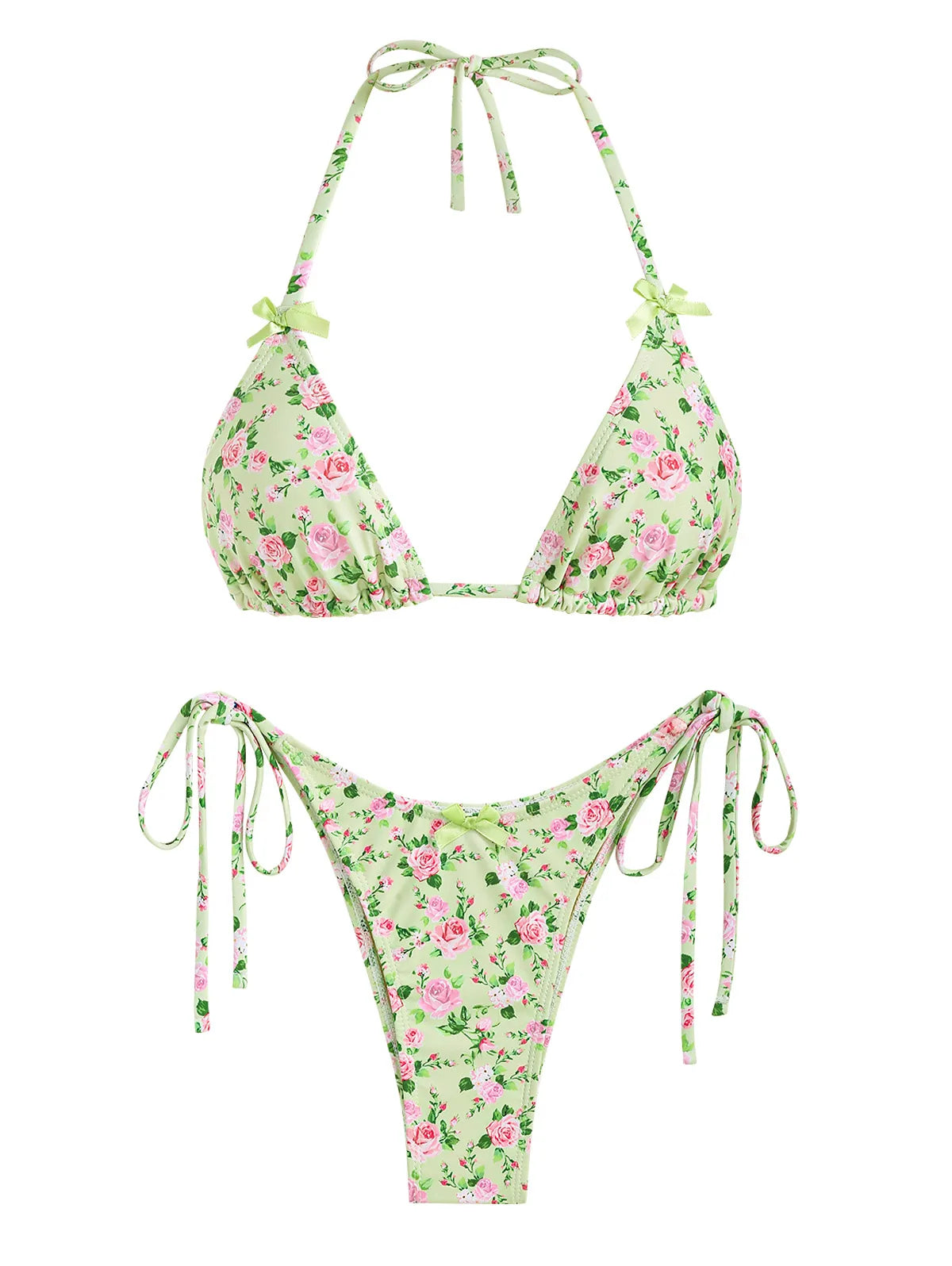 Women's floral halter bikini set with bow decor, tie-side string bottoms, two-piece swimsuit by The Clothing Company Sydney.