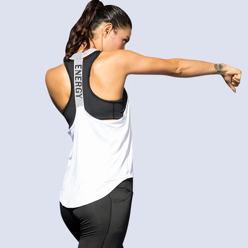 Black women's sleeveless gym top by The Clothing Company Sydney, backless yoga and fitness vest for running and workout activities.
