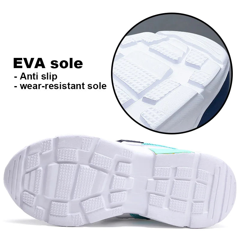 Kids' breathable summer sneakers by The Clothing Company Sydney, mesh running shoes with hook and loop closure for boys and girls.