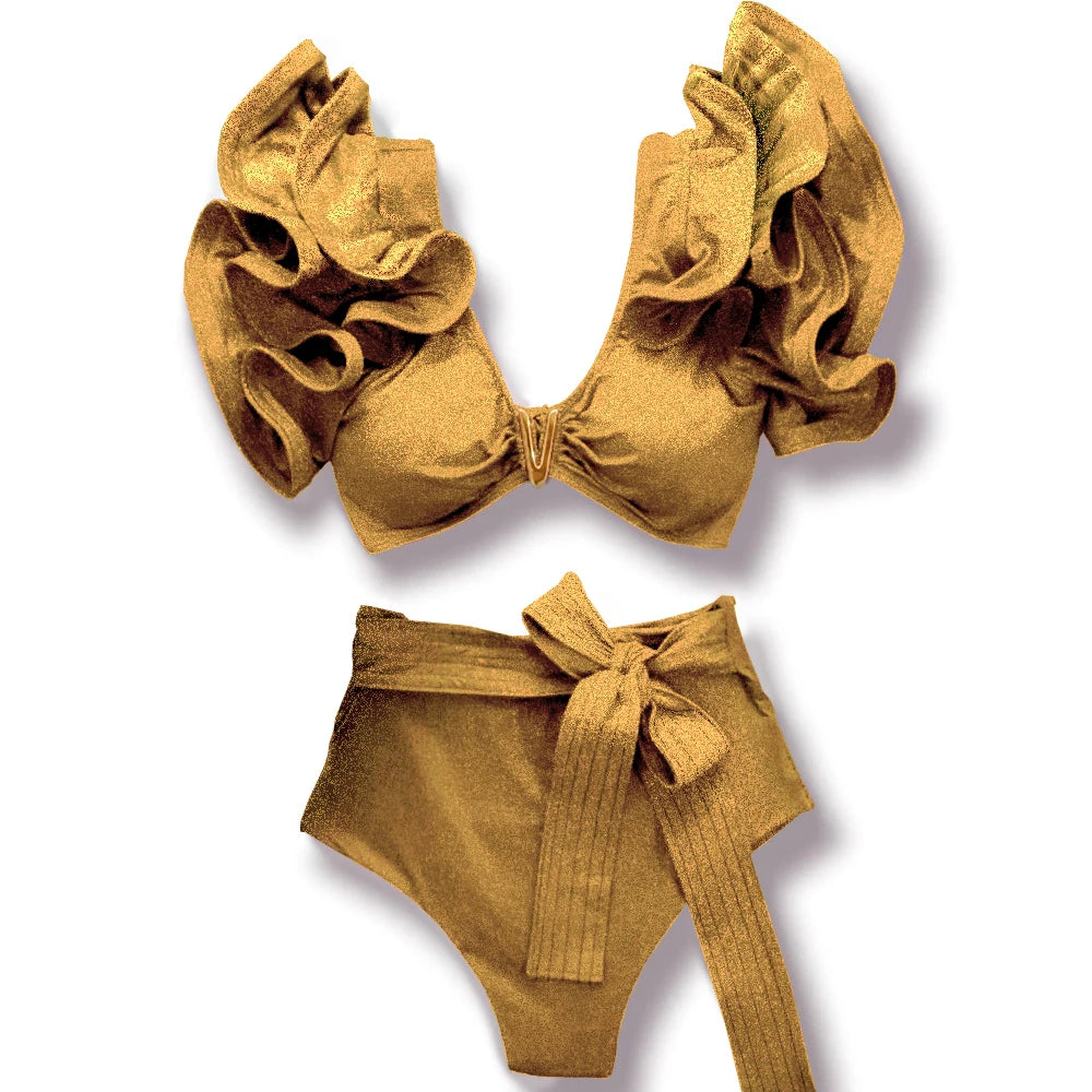 V-Neck High Waist Bikini Sets Shoulder Ruffled Printed Swimsuit Two Piece Swimwear Bathing Suits The Clothing Company Sydney