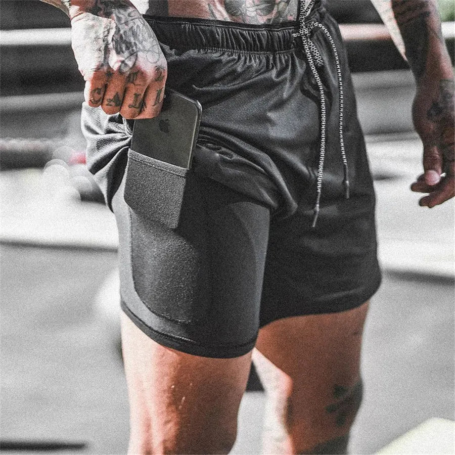 Men’s 2-in-1 running shorts by The Clothing Company Sydney with double-layer design, suitable for gym training and beach sports.