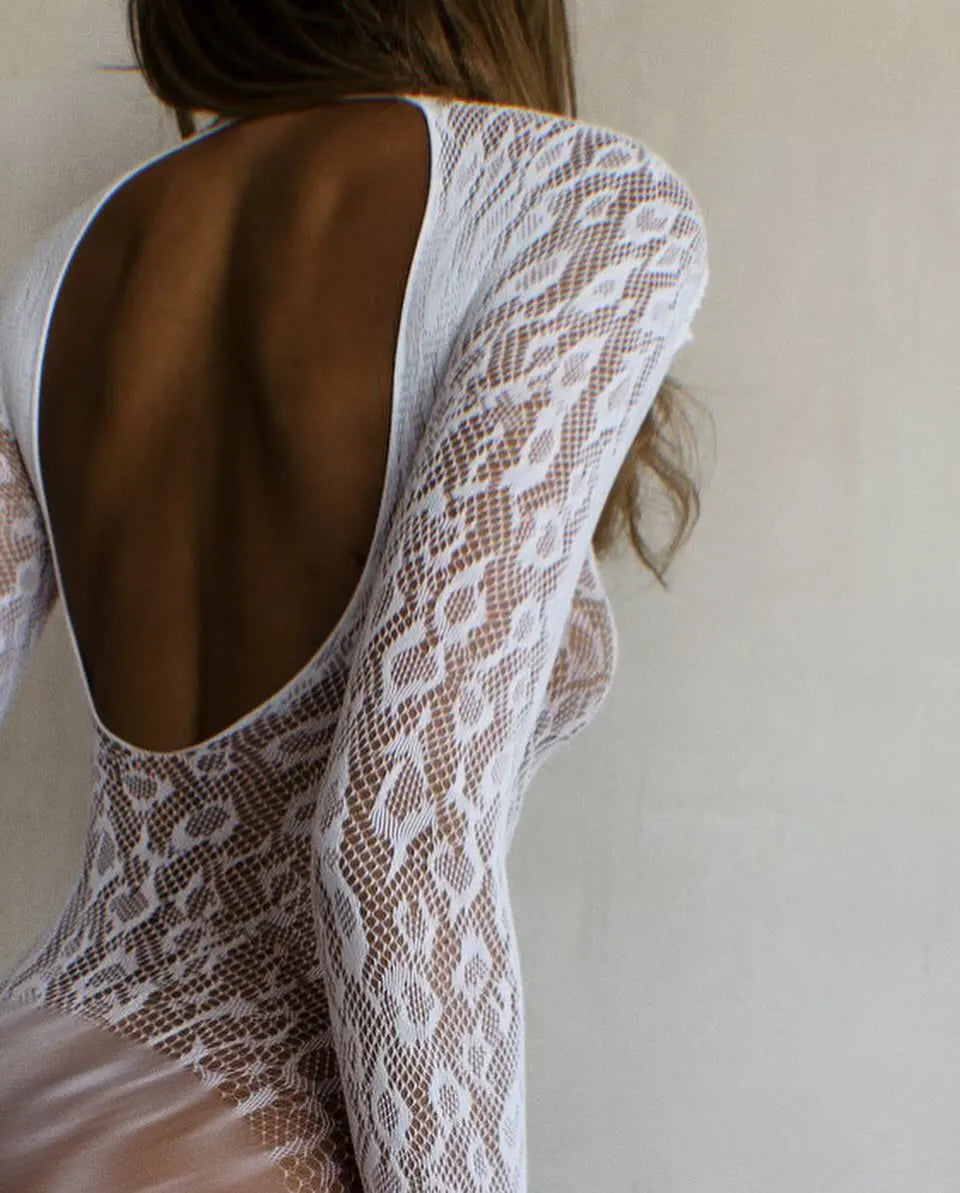 Backless sheer long sleeve jumpsuit from The Clothing Company Sydney, a stylish one-piece cosplay outfit with lingerie details.