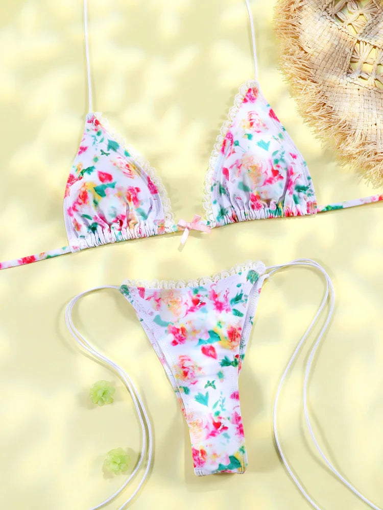 2 Piece Triangle Micro Thongs Swimsuit Bathing Suit Bandage Beachwear Print Swimwear Thong Bikini Set