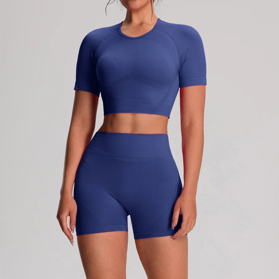 Women's fitness yoga sport T-shirt and shorts set by The Clothing Company Sydney, seamless workout vest and bike shorts for activewear.