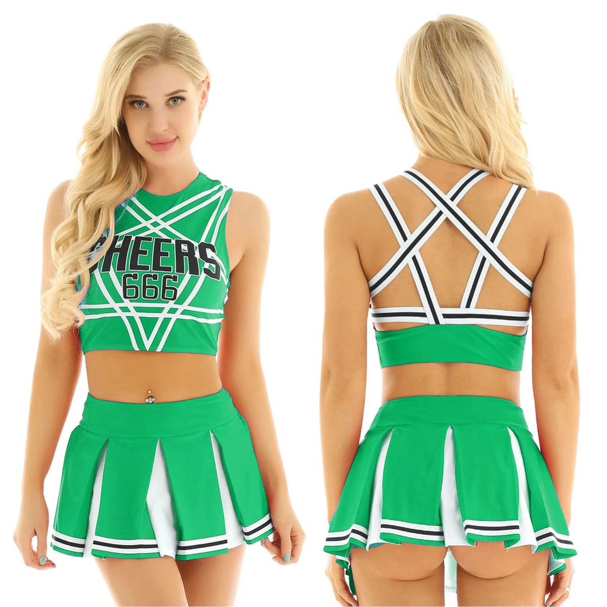 Women's cheerleader cosplay costume from The Clothing Company Sydney featuring a stand collar crop top and mini pleated skirt.