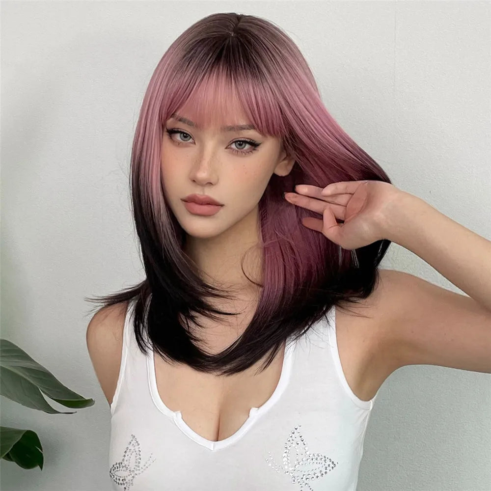 Long layered straight synthetic wig in black and pink ombre, mixed colors, ideal for cosplay and fashion accessories.