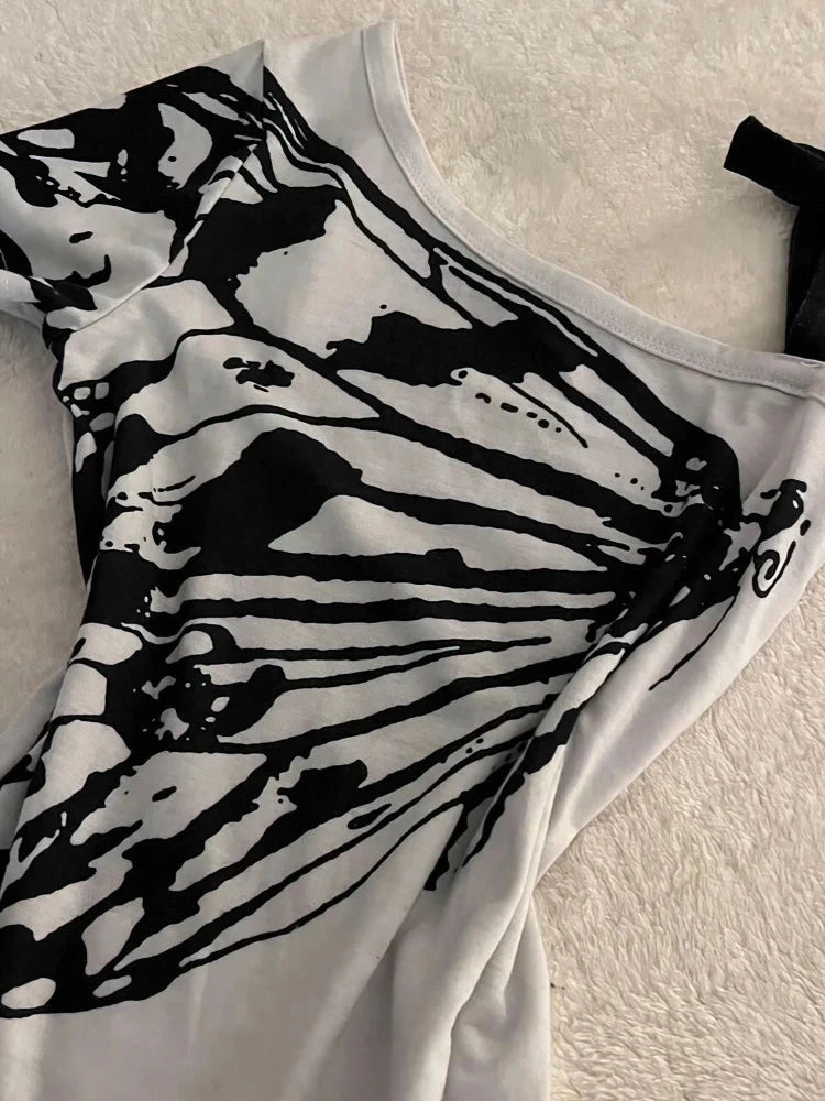 Off-shoulder summer T-shirt for women by The Clothing Company Sydney, cotton top with front bow, aesthetic print, short sleeves