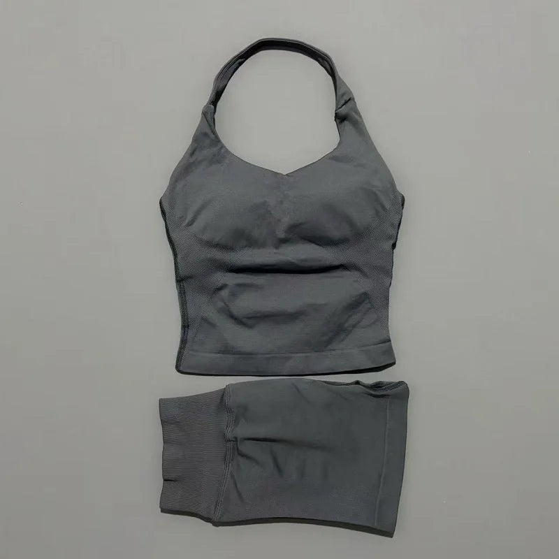 2 Piece Sports Halter Top Strappy Bra Shorts Matching Set Seamless Yoga Gym Running Fitness Shorts Suit