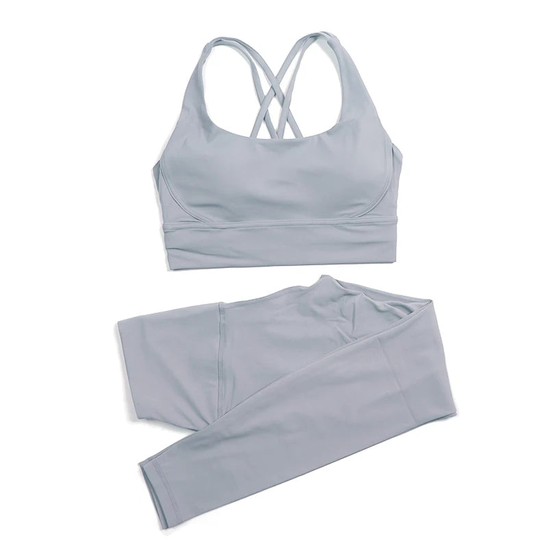 Nylon women's yoga fitness set with leggings and sports bra, breathable sportswear by The Clothing Company Sydney.