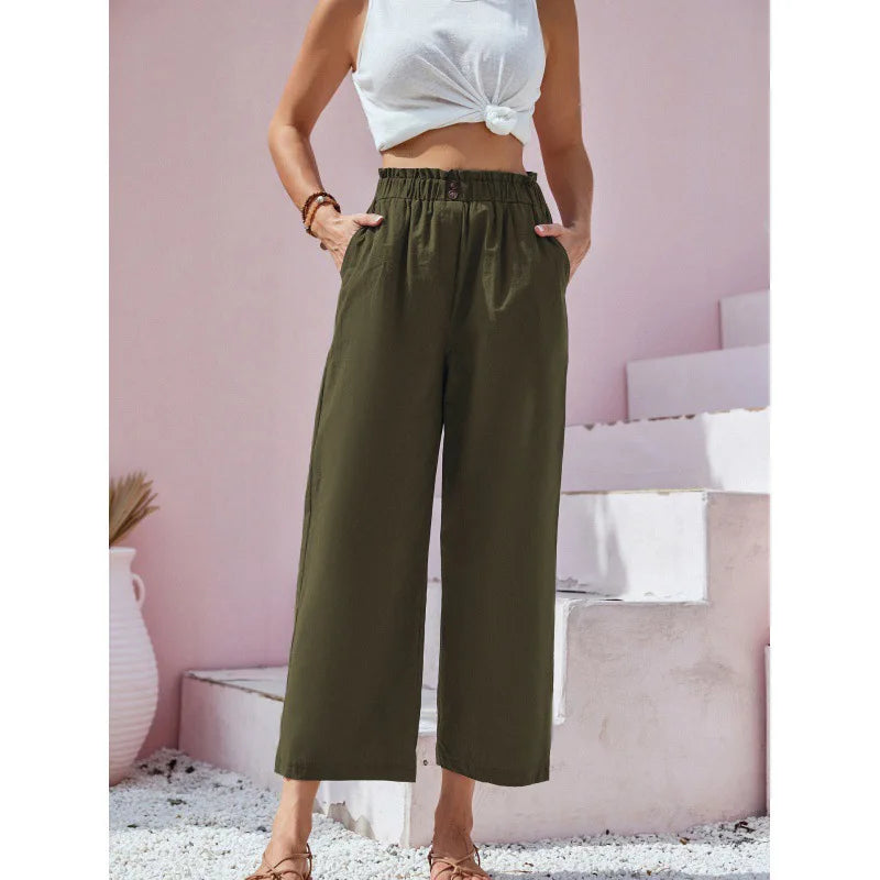 Women's Cotton Linen Loose Wide Leg Pants Summer Female High Elastic Waist Button Casual Streetwear Trousers The Clothing Company Sydney