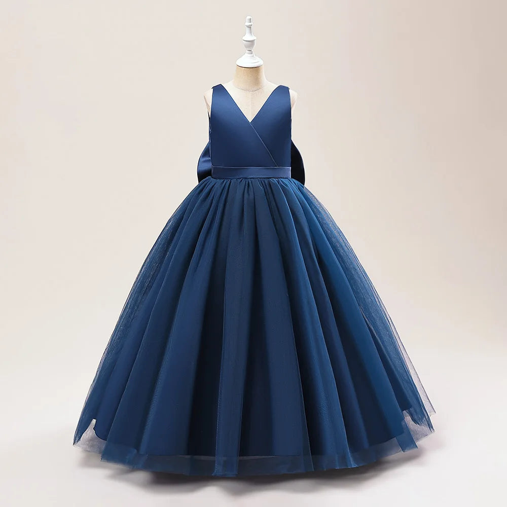 Girls' white bridesmaid and prom gown with big bow, formal evening dress for kids by The Clothing Company Sydney