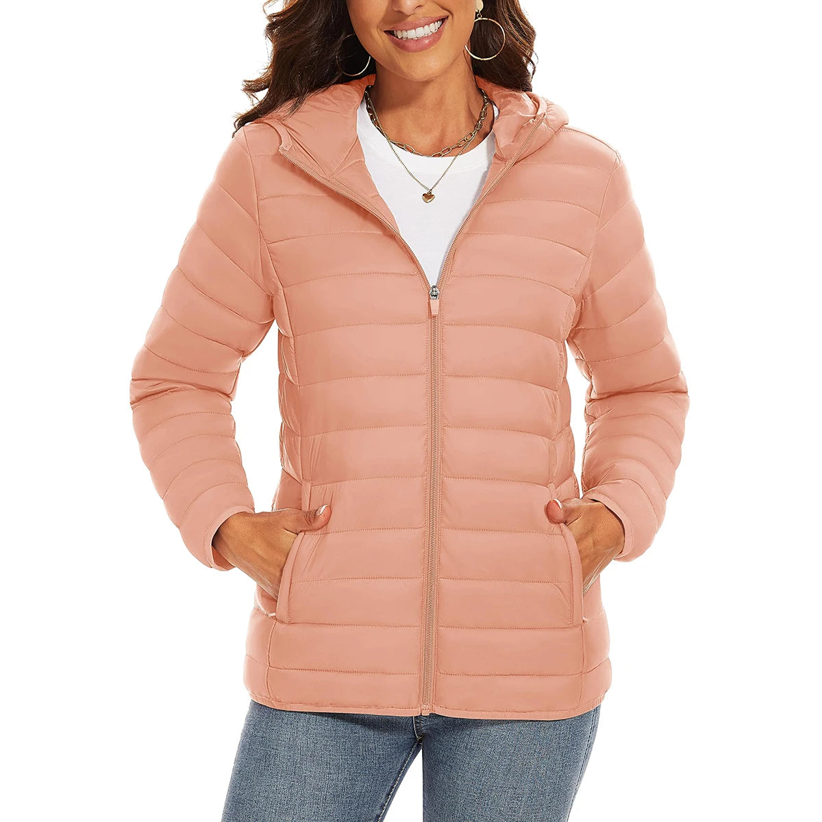 Warm puffer hooded women's quilted jacket by The Clothing Company Sydney with full zip, multiple pockets, waterproof winter coat