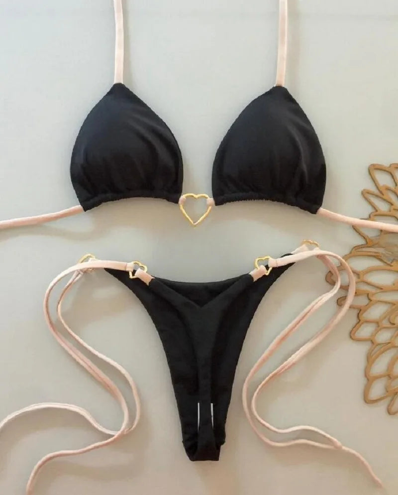 Solid color halter bikini set for women, two-piece triangle swimsuit with thong bottoms, by The Clothing Company Sydney.