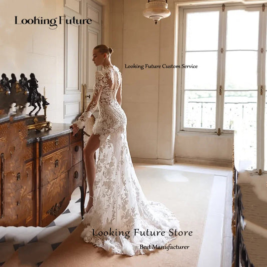 Ivory long sleeve mermaid wedding dress with lace appliques, high neck, side slit and sweep train