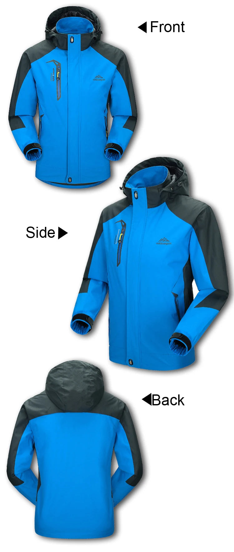 Men's outdoor camping hiking jacket by The Clothing Company Sydney, shown in navy with front zipper and adjustable hood.