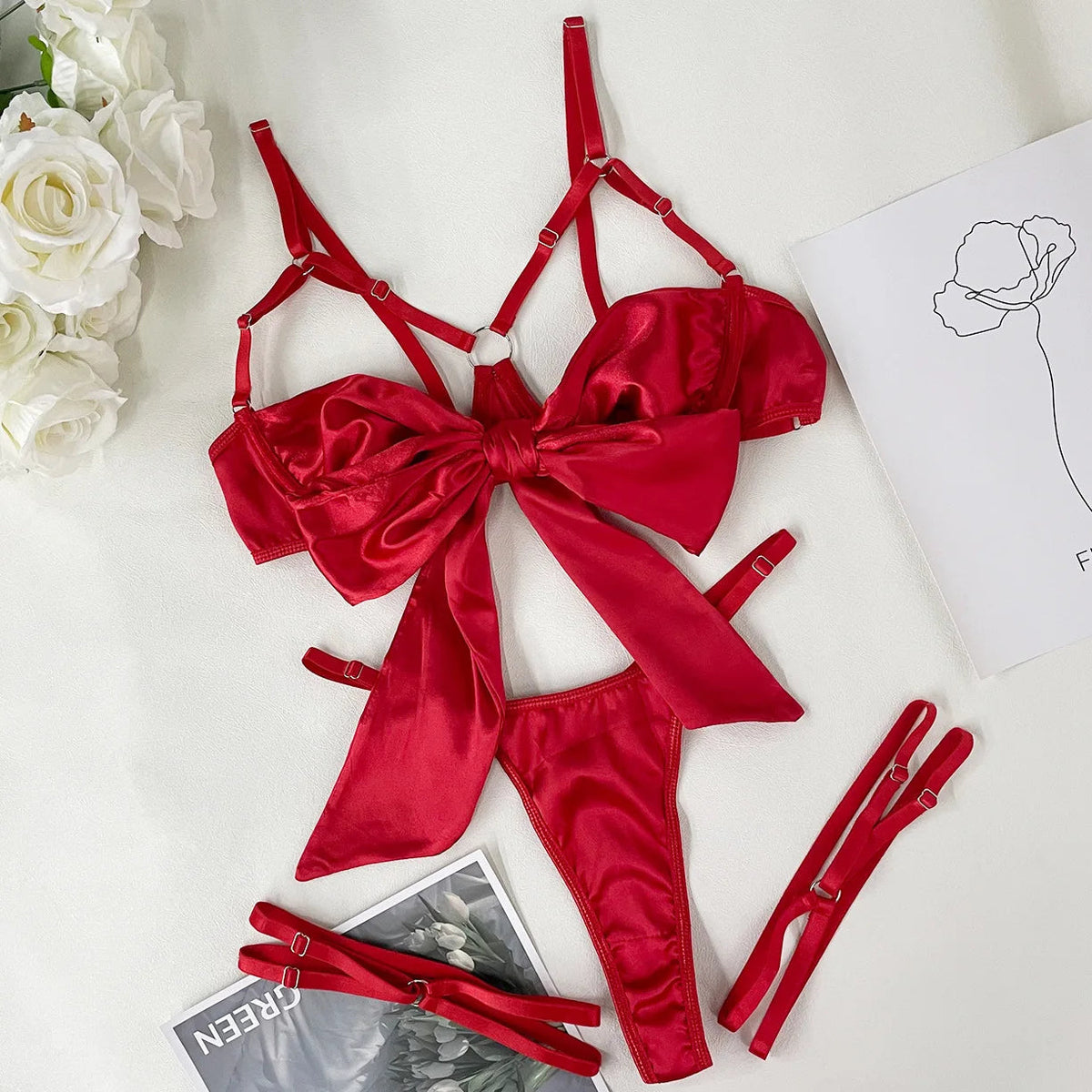 Bowknot Lingerie Open Bra Lace Up Underwear 3-Piece Satin Outfit Set The Clothing Company Sydney