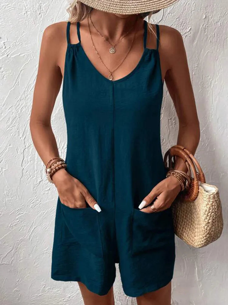 Women's casual summer romper by The Clothing Company Sydney, sleeveless jumpsuit with double sling straps and front pockets.