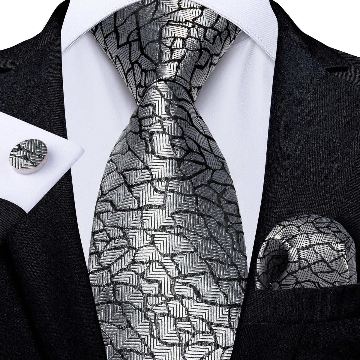 Men's gray paisley silk tie set with matching pocket square and cufflinks, stylish wedding accessory from The Clothing Company Sydney