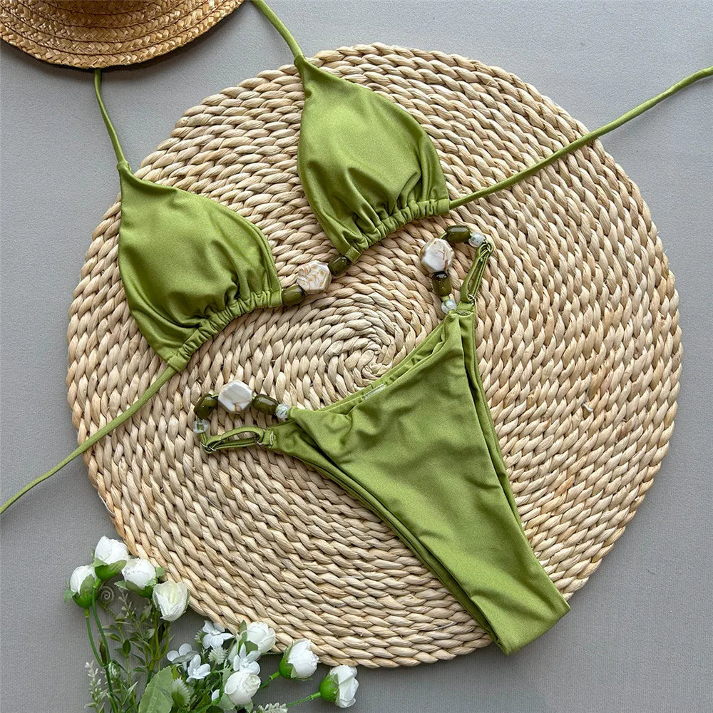2 Piece Green Swimwear Halter Triangle Bead String Bikini Mini Micro Thong Swimsuit Summer Brazilian Bikinis Sets The Clothing Company Sydney
