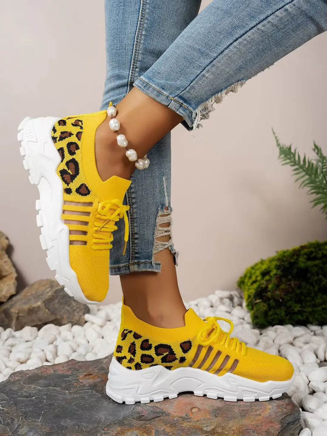Leopard print women's waterproof sneakers from The Clothing Company Sydney, stylish footwear with trendy animal print design.