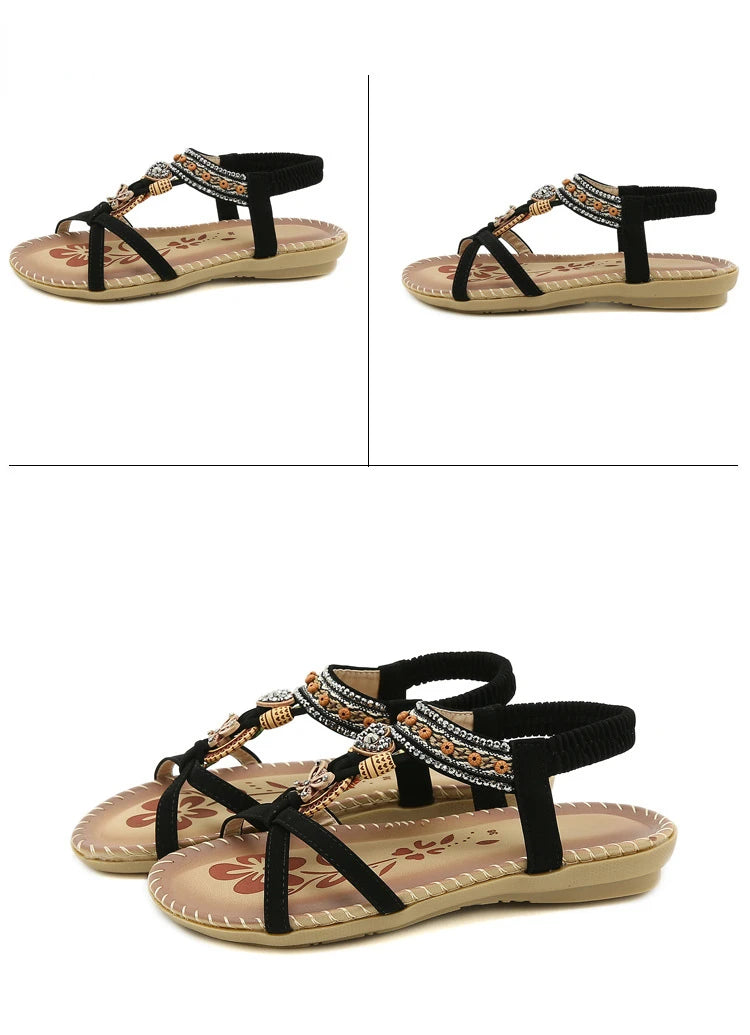 Women Fashion Flat Flower Rhinestone Open Toe Outdoor Wear Beach Sandals - The Clothing Company Sydney