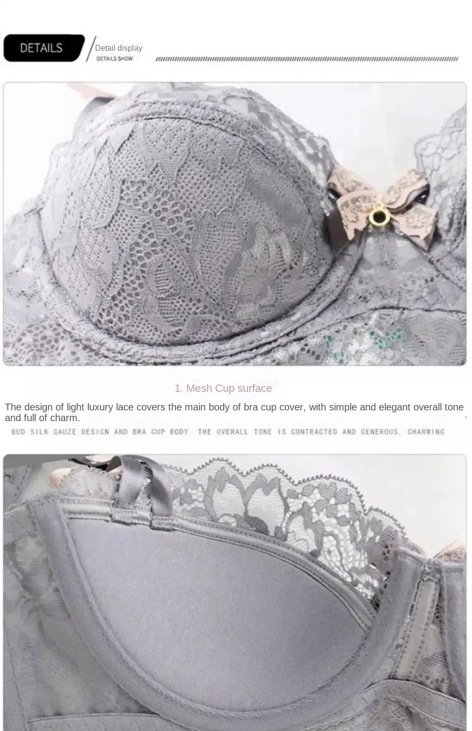 Two-piece pull-up lace bra set with bows, breathable fabric, anti-slip cups, designed for lingerie by The Clothing Company Sydney.