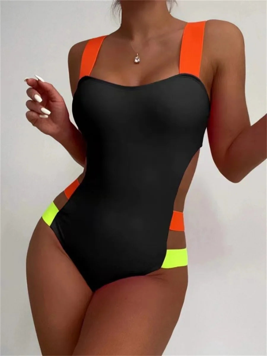 Black contrast one-piece swimsuit with neon straps, hollow out backless design, patchwork details, perfect for summer swimming.