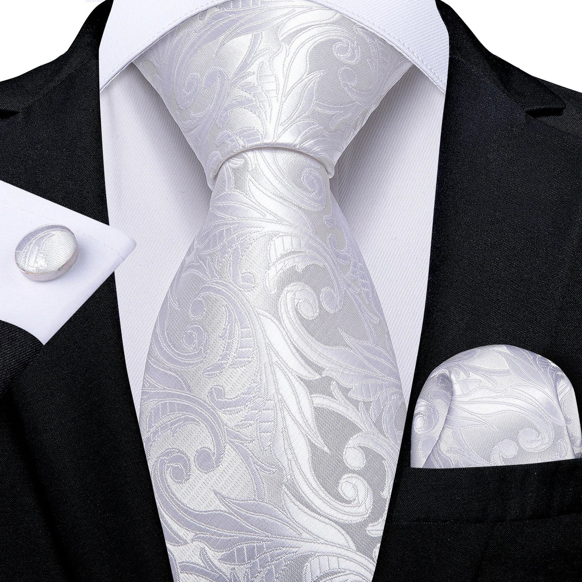 Men's gray paisley silk tie set with matching pocket square and cufflinks, stylish wedding accessory by The Clothing Company Sydney.