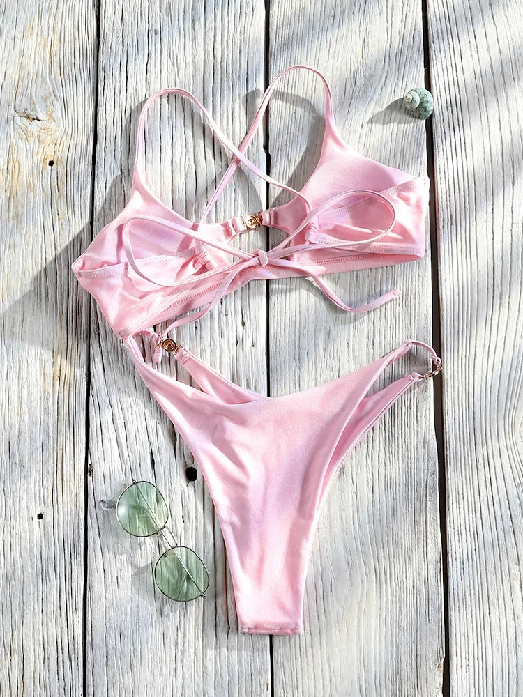 Two-piece push-up bikini set by The Clothing Company Sydney featuring hollow-out design, low waist, and string swimwear style.