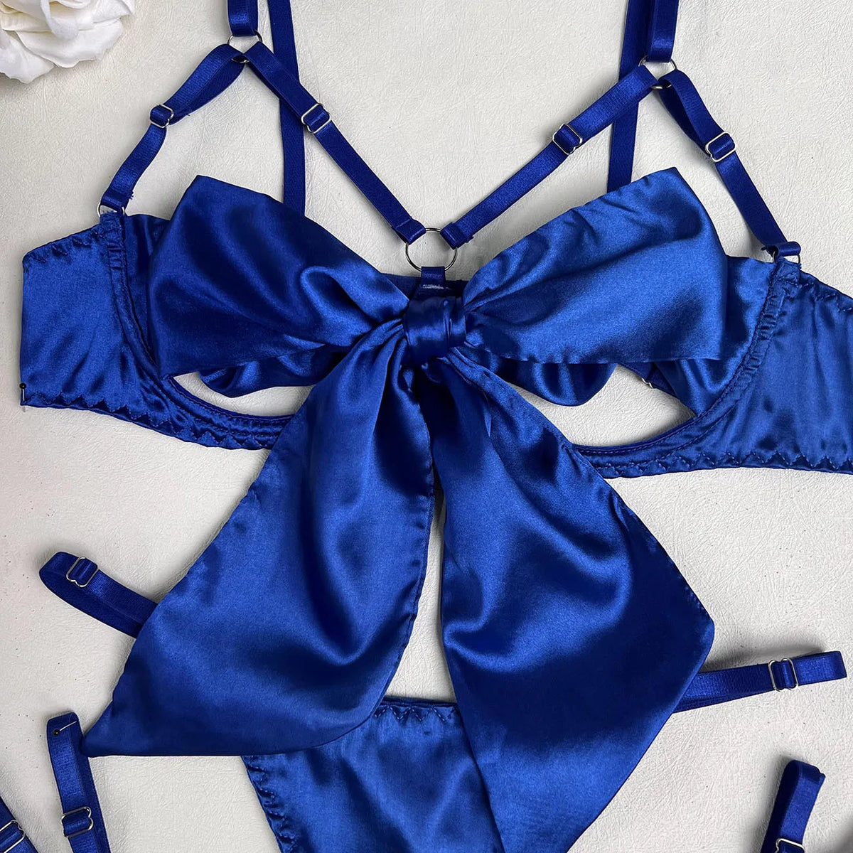 Bowknot Lingerie Open Bra Lace Up Underwear 3-Piece Satin Outfit Set The Clothing Company Sydney
