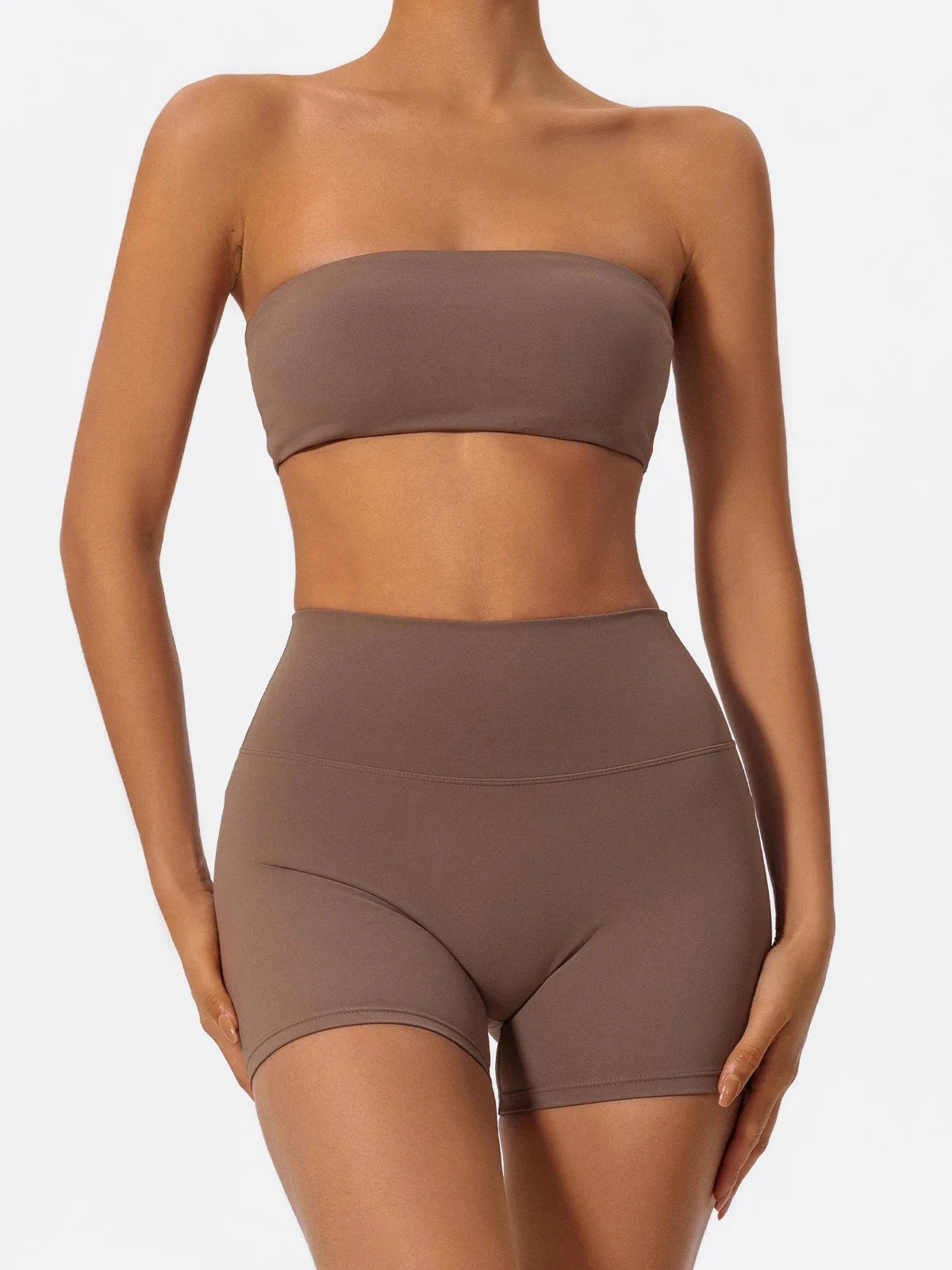 Two-piece women's fitness sports set with strapless gym crop top and matching yoga workout outfits by The Clothing Company Sydney.