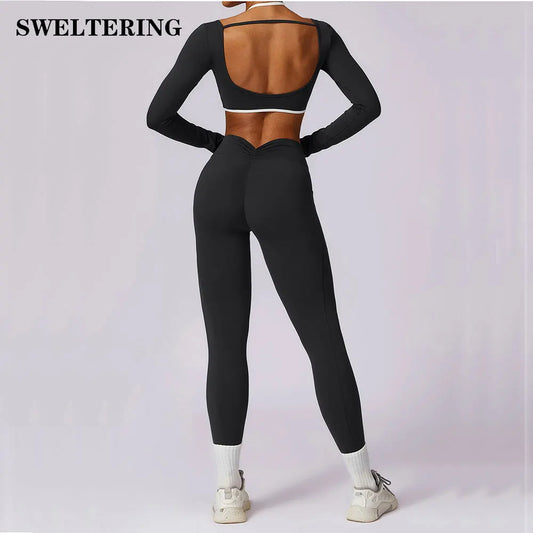 2 Piece Womens Tracksuit Yoga Set Workout Sportswear Gym Clothing Fitness Long Sleeve Crop Top High Waist Leggings Sports Suits - The Clothing Company Sydney